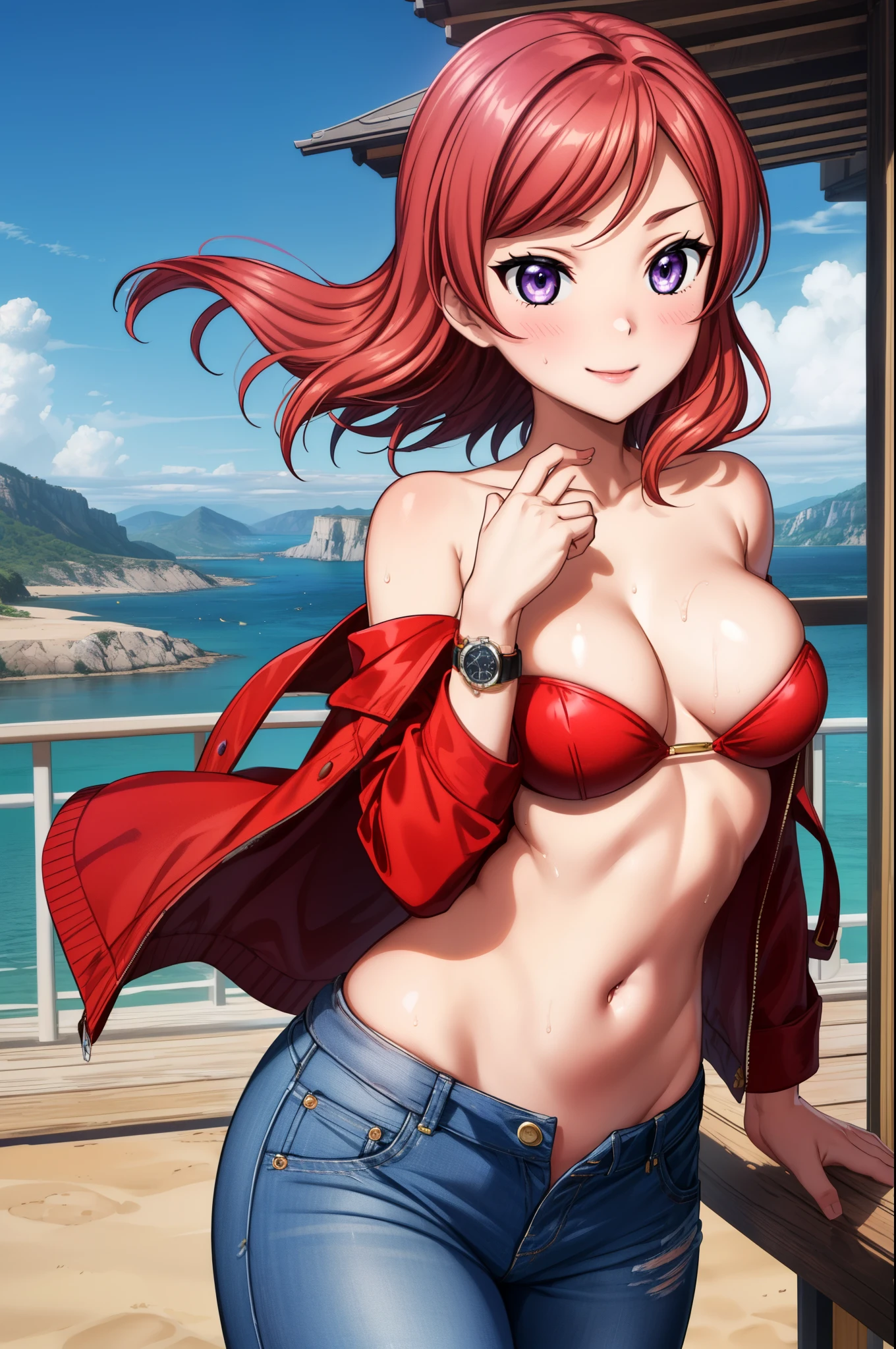 (Masterpiece, Best Quality, High Quality), (cowboy shot), nishikino maki, medium hair,volumetric lighting, illustration, purple eyes, beautiful,Blushing, breasts, seductive smile,perfect lighting, perfect shadows, red strapless tube top,off shoulder small jacket, navel, sexy jeans pants,watch, (sexy navel:1.4),(breathtaking scenery:1.1),(her hair flying from the wind:1.3),(detailed hair strands),big breasts , moist shiny skin