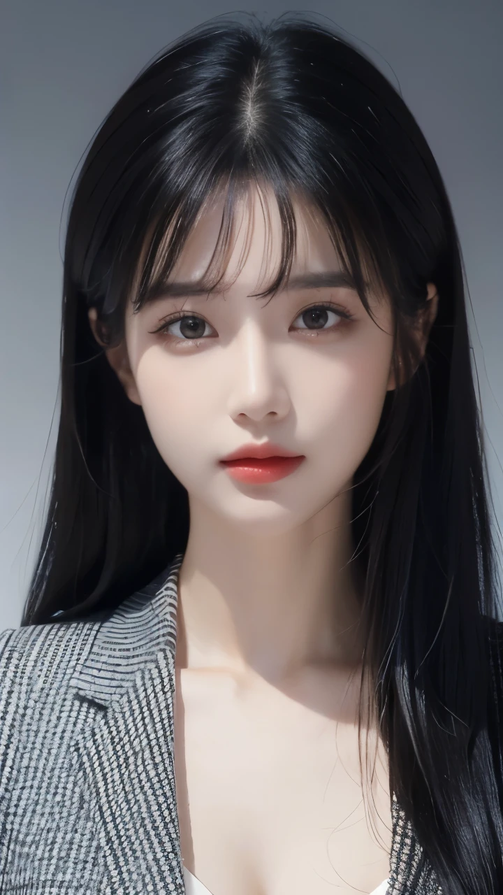 masterpiece，best quality，high resolution，8k，((portrait))，(Head close-up)，original photo，real picture，Digital Photography，(queen of the modern world)，(Women presidents)，20-year-old girl，Long straight hair，By Bangs，Amazing amount of hair，Red eyelashes)，Large Breasts，Chest groove， Accessories，Open lips，Keep your mouth smooth and attractive，Serious and arrogant，Calm and handsome，(Women&#39;s business attire，Black)，Photo poses，Realistic style，Gray background，oc render reflection texture