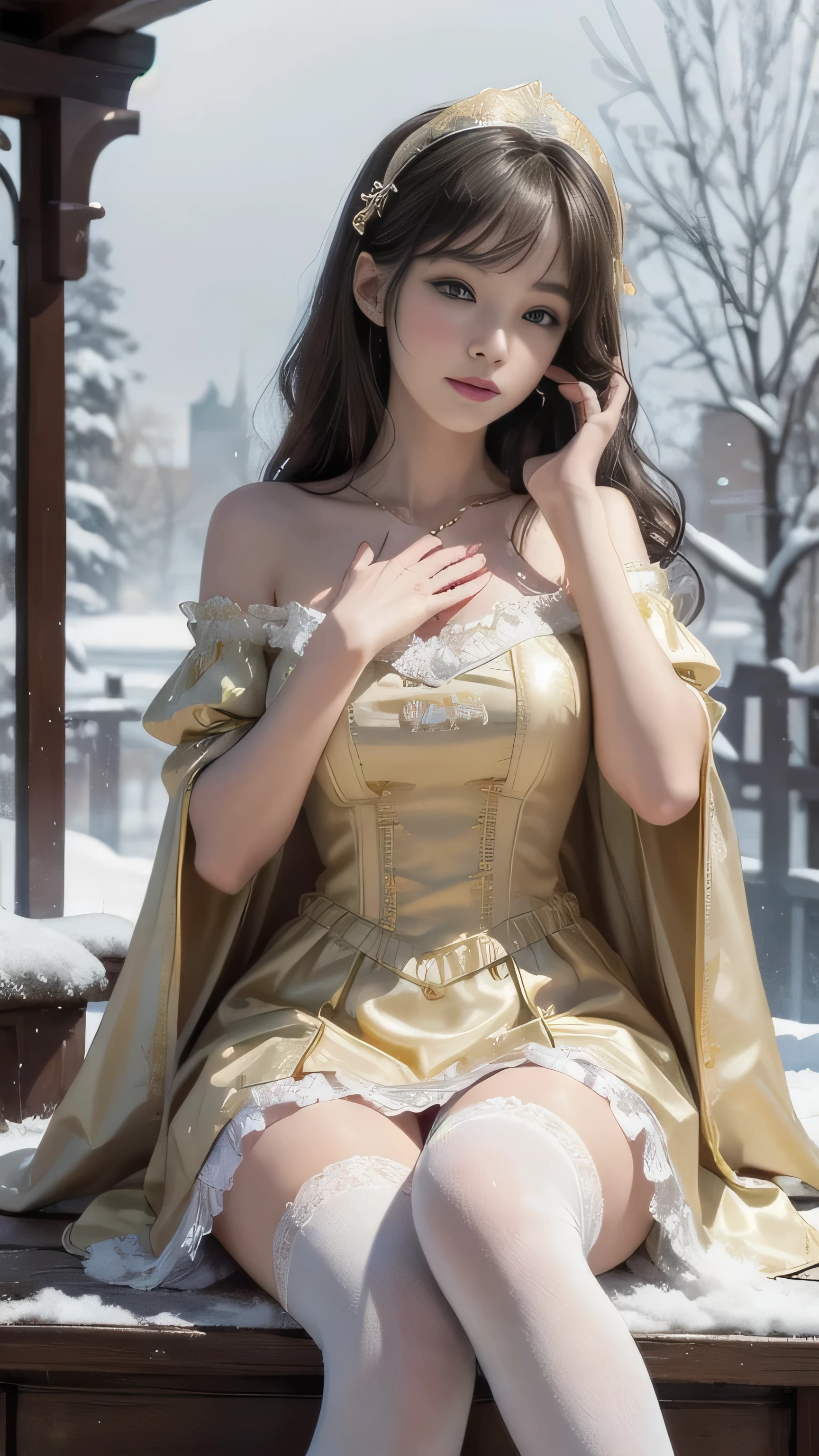 8k, Best quality, masterpiece, Shoot real, Hide your face with happiness, Golden Lolita costume, Gold lace, Iris Gainsborough, sitting, whole body, underwear, Expose bare shoulders, external, external, Covered with snow, cloak, high quality, Adobe Lightroom, High Detail Skin, Looking at the audience,Princess shoes,White knee socks,Lace knee socks