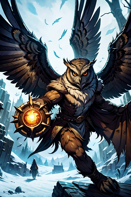 Create a half owl hybrid  with owl features and feathers for a DND RPG with owl wings and eyes