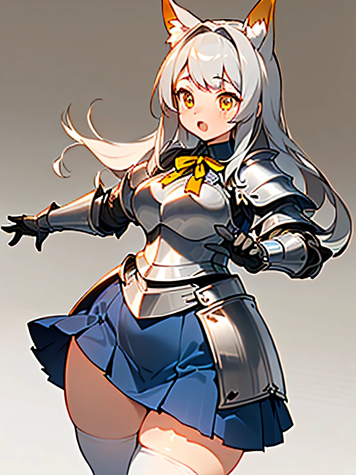 ((Masterpiece, 8k, High quality)),(adult female), (orange/yellow eyes), (((Long gray hair reaching the neck))), (fox ears), ((shy)), Height 166 cm, Weight 50 kg.., Body size 33F-23-35, (((Medium bust, Big hips that are wide open))), ((wearing white stockings)), (((Wearing silver knight armor))), (blue short skirt)