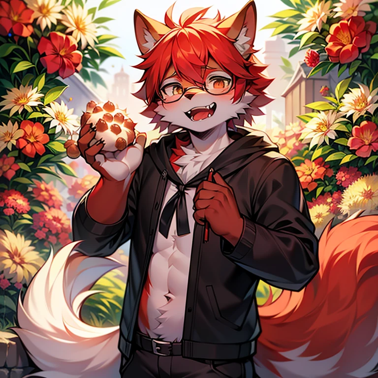 wear glasses,Red hair all over, Male wolf,short hair, Bright Eyes,The eyes are gray,With black bow,White belly,The tip of the tail is white,Meatballs Pink,hairy,hairy male ,Male focus,Flower charcoal,(Body hair, hairy尾巴, Red fur,),Long canine teeth,浑身hairy的,Costume Writer