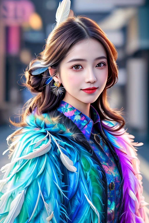 (RAW Photos, highest quality), (Realistic, Photo Realistic: 1.3), highest quality, Very detailedな, masterpiece, Hyper Detail, figure, 1 girl, Painting on the forehead, upper_body, Dynamic Angle, World masterpiece Theater, Messy_length_hair, highest quality, Very detailedな CG 統合 8k 壁紙, ink, wonderful, Cinema Lighting, ((A mix of vibrant colors and patterns)), See-through,Sleeveless blouse,Silk wide pants,beautifully,mysterious:1.2, (One girl:1.3), Very detailed,(Fractal Art:1.1),(colorful:1.1)(Floral Outfit:1.3), Mature Woman,(Light brown shaggy chignon hair),しなやかな長い前hair, A kind smile, (Mouth closed), (highest qualityのmasterpiece:1.2) Delicate illustrations, Most detailed,Full body portrait, (Street Background:1.3), (Shiny skin), (Many colors:1.4), ,(Earrings), (Feather coat:1.5),