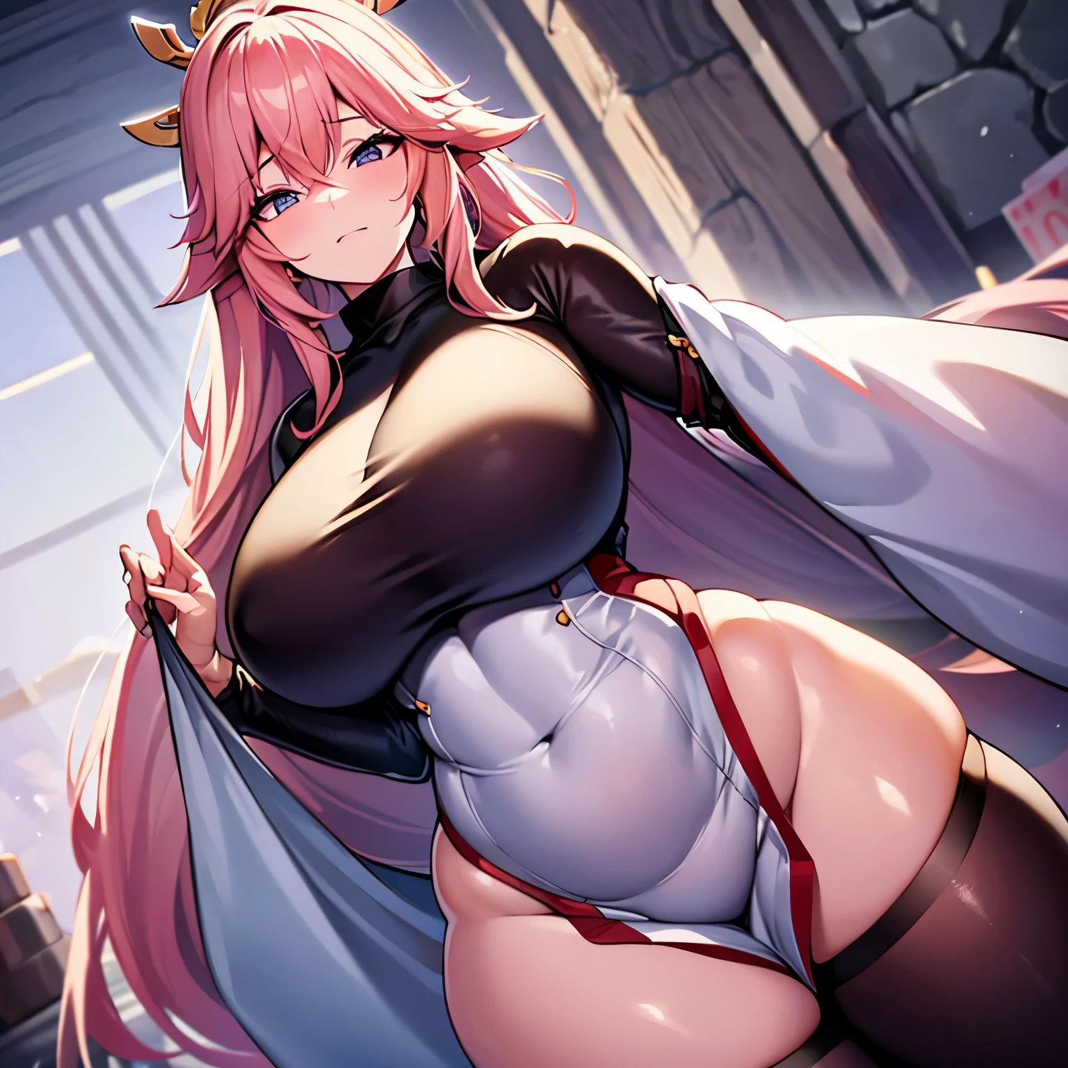 ((extreme detail)),(ultra-detailed), extremely detailed CG unity 8k wallpaper, best quality, Yae_Miko_Genshin_Impact, bodysuit, posing, cowboy shot, lens flare. Girl with thick fat chunky physique. Her height is around 5 feet 2 inches (157 cm), with a huge mommy body. Her skin tone is fair and smooth, giving her an older appearance. In terms of facial features, Hinata has a soft and gentle countenance. She has a slim nose, and her lips are naturally pink and slightly full. Her eyebrows are well-shaped and neatly arched, framing her eyes beautifully. Her  are huge and well-shaped. they are massive and u can see a nipple outline Overall, Hinata's appearance is characterized by her serene and kind expression, representing her gentle nature. A sexy girl with huge  and a thick body is wearing a body-tight suit where you can see all of her curves and nipple outline white hair. She is thick busty fat and has huge  her suit is very very tight and covers her whole body you can see all of her curves and body. Full body suit very tight you can see her full body