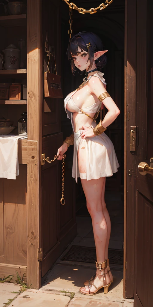 Female, standing, straight, 1girl, elf, green wavy hair, from above, medium breasts, suspended by arms, head down, POV, from the side, (dirty, bruise:1.2), cave floor, tiedup, rope, (Masterpiece), full body of a female, big breast, detailed face, full portrait, standing straight, shackles on arms and legs, black chocker on neck, SFW, WHITE TOGA, golden chains hands, golden chains legs, lascivous face, embarrassed, red cheeks, braid black hair, looking at viewer, handcuffs on their hands, with a collar around the neck, slave, ((black choker, shackles on legs and arms)) ((hands hidding behind body))