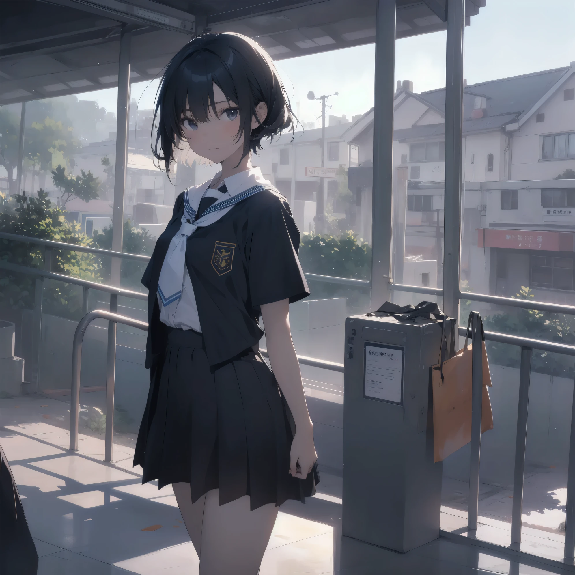 ultra-absurdres-Top quality by artist God, ultra-detailed, high resolution, anime moe artstyle, best anime 8k konachan wallpaper, pixiv contest winner, pool:2810, perfect anatomy,break, 1girl, (Please draw a girl walking to school alone. )break,(Solo,little female, 13-year-old:1.3),Full limbs, complete fingers,a junior high school student, (very short hair), short cut, flat chest, , small butt, small black eyes, beautiful detailed eyes, well-proportioned iris and pupils, expressive eyes, highres detailed hair, soft expression, school_uniform, serahuku, neckerchief, shirt, short sleeves, pleated skirt,(Detailed Lighting), (Detailed background), in the School commute route. break,super detailed skin, Best cinematic lighting powered by famous artist, 8k,beauty illustration,photoshop_(medium),very aesthetic,break,((artist:ningen mame )), artist:bolze ,artist:oyari ashito ,artist:kantoku ,