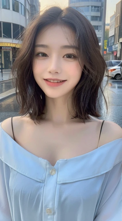 ((highest quality, 8k, masterpiece:1.3)), concentrated: 1.2, Perfect body beauty: 1.4, Hips: 1.2, ((Layered Haircut, chest: 1.2)), (Wet clothes: 1.1), (rain, street:1.3), Bandeau dress: 1.1, Highly detailed face and skin texture, Beautiful Eyes, double eyelid, Whitening skin, Long Hair, (shut up: 1.3), smile