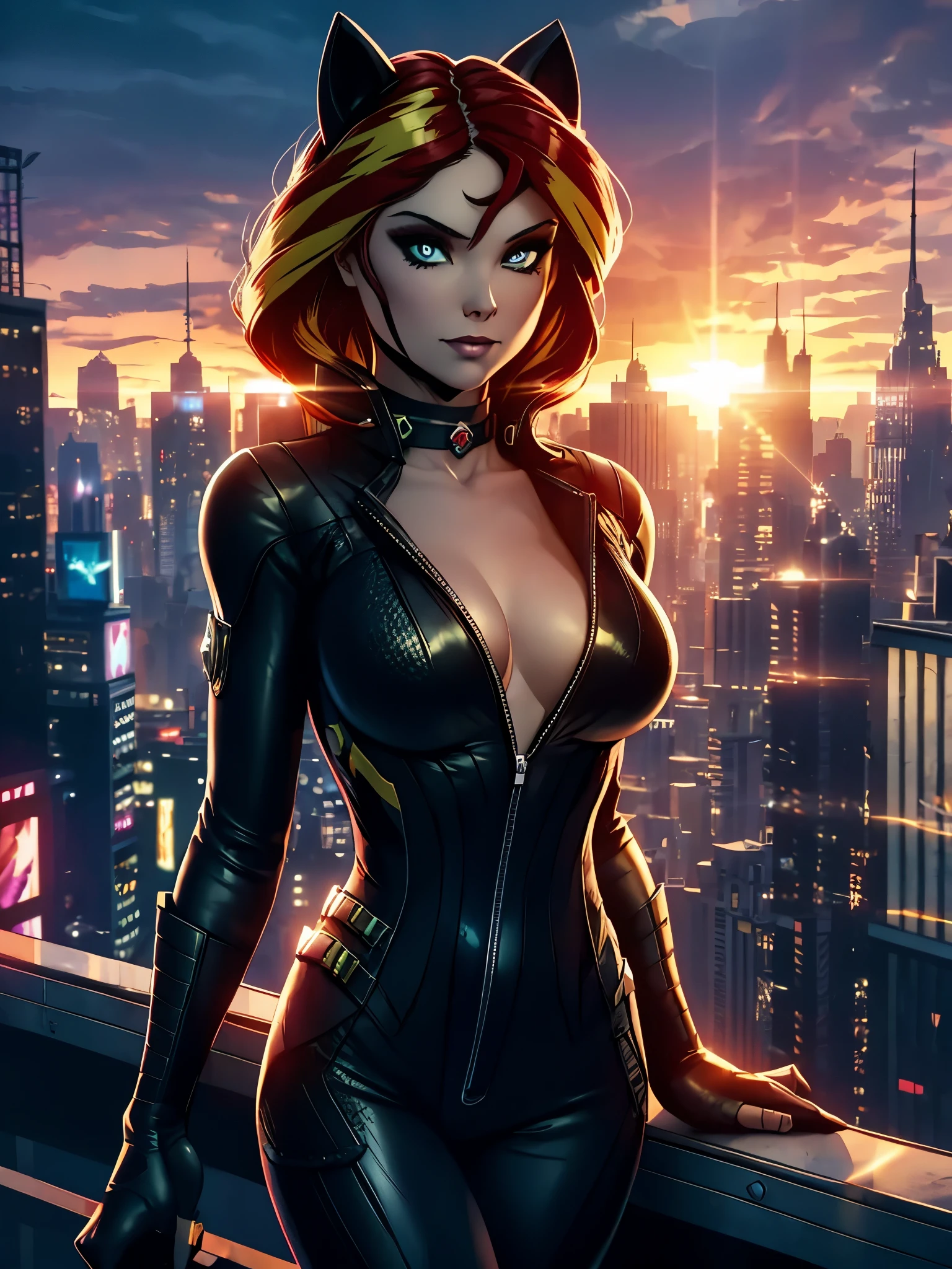 sunset shimmer,catwoman,costume,rooftop,red and yellow hair,long hair,vibrant colors,detailed outfit,detailed face and eyes,shadowy background,dramatic lighting,comic book style,urban setting,vibrant sunset colors,confident pose,city skyline silhouette