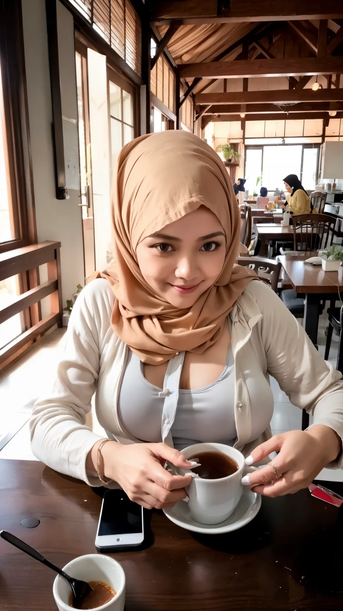 50 years Old, Hijab Indonesian mature woman, Big Tits : 66.9, Gamis, Breast out from her clothes : 1.9, at doctor office, Dark light, at Nighttime