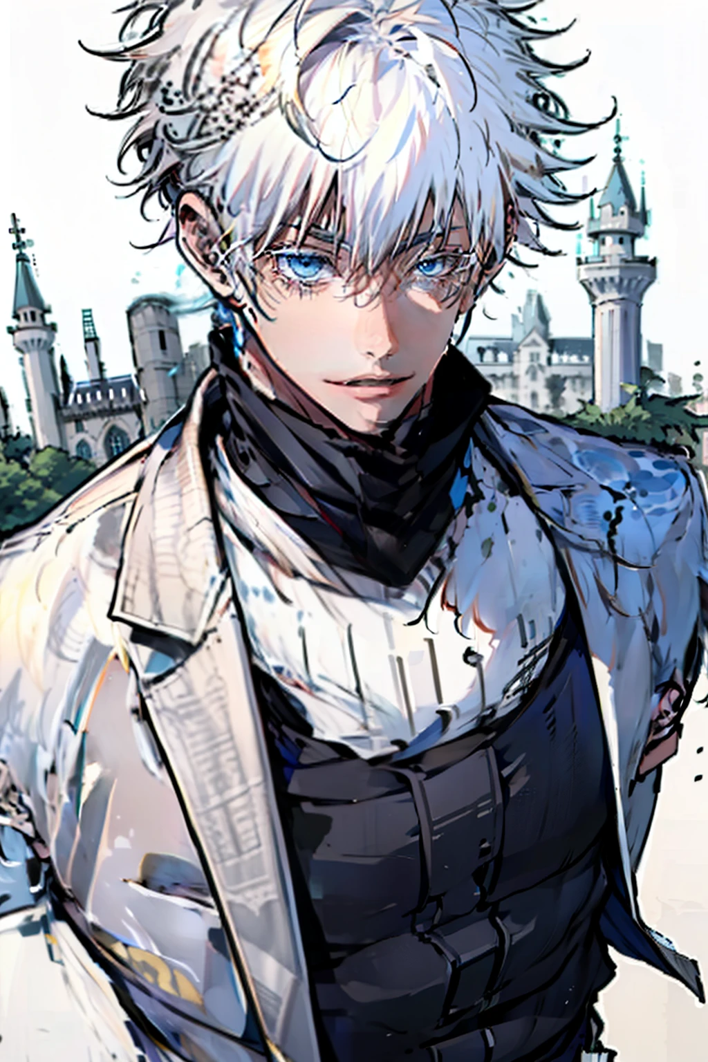 1 male, relaxed, messy blond hair with bangs in a low ponytail, white knight, beautiful, in a castle, medieval fantasy