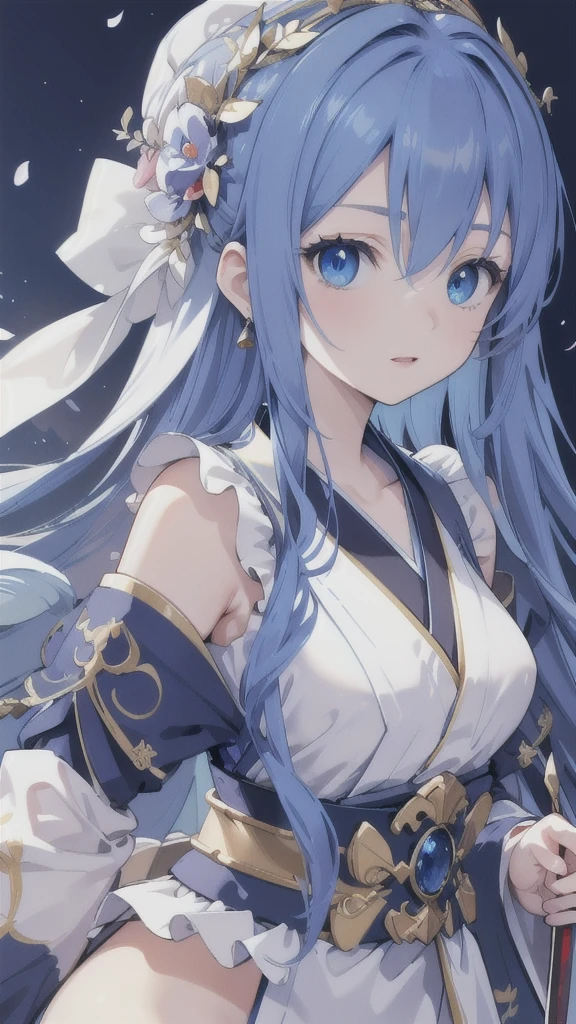 (best quality,4k,highres),detailed and realistic portrait,anime style,beautiful girl with long deep blue hair,gorgeous sapphire eyes,blue hanfu armor,dagger