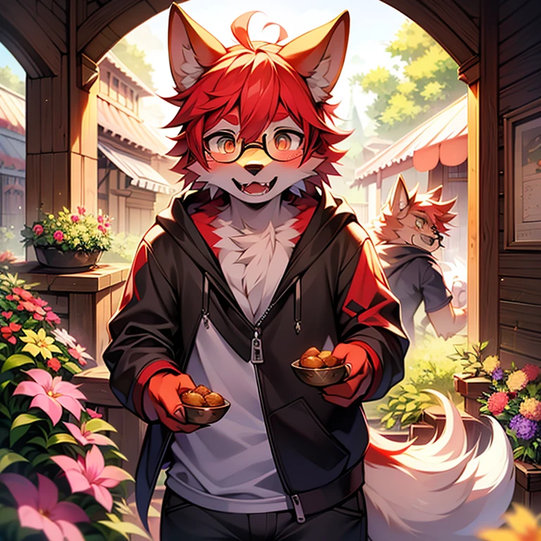 wear glasses,Red hair all over, Male wolf,short hair, Bright Eyes,The eyes are gray，With black bow，White belly，The tip of the tail is white，Meatballs Pink,hairy,hairy male ,Male focus,Flower charcoal,(Body hair, hairy尾巴, Red fur,),Long canine teeth，浑身hairy的,Costume Writer
