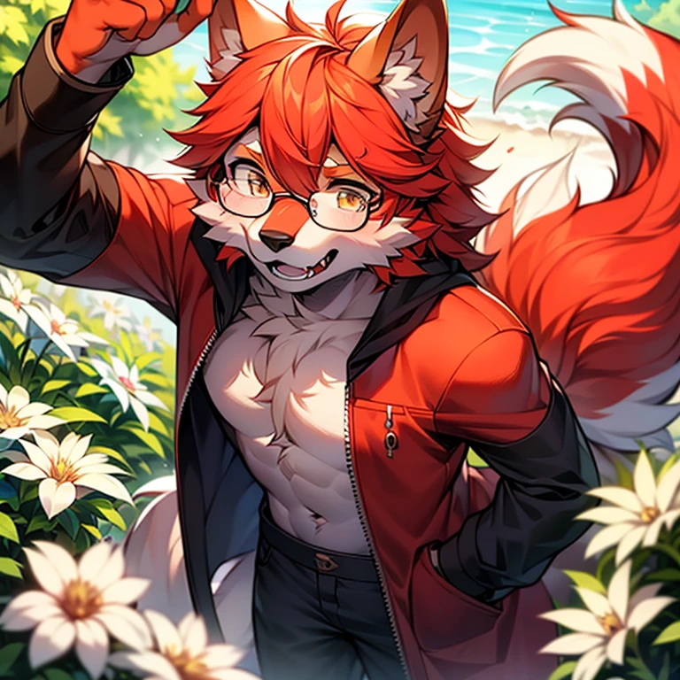 wear glasses,Red hair all over, Male wolf,short hair, Bright Eyes,The eyes are gray，With black bow，White belly，The tip of the tail is white，Meatballs Pink,hairy,hairy male ,Male focus,Flower charcoal,(Body hair, hairy尾巴, Red fur,),Long canine teeth，浑身hairy的,Costume Writer
