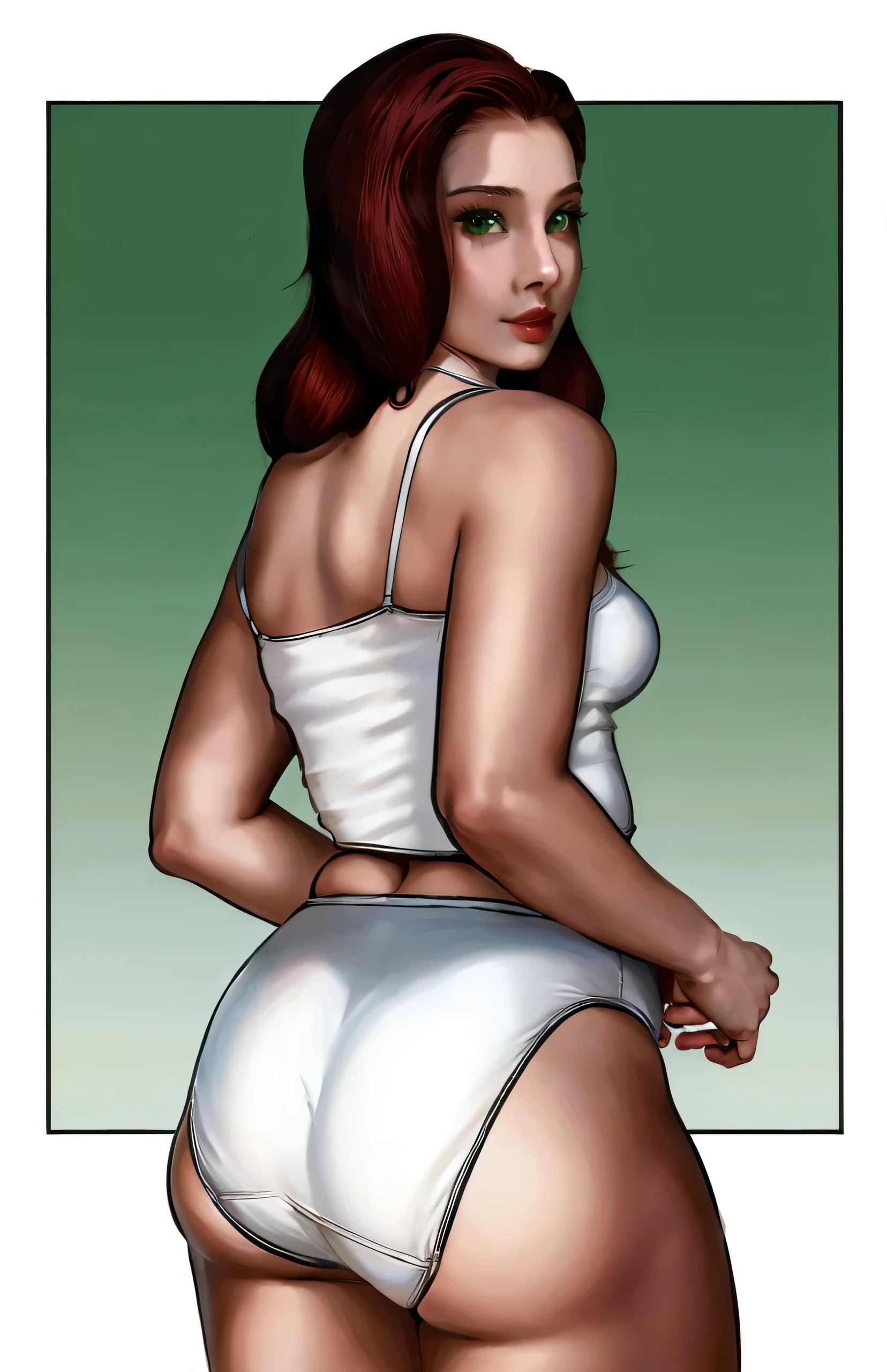 ((masterpiece, best quality)), ((((perfect anatomy)))), (((Curvy))), ((Latina with long red hair)), in ((white cotton fullback panties)), ((white camisole)), ((wide hips)), (standing in front of a green and white screen), smirking, (((realistic art style)))