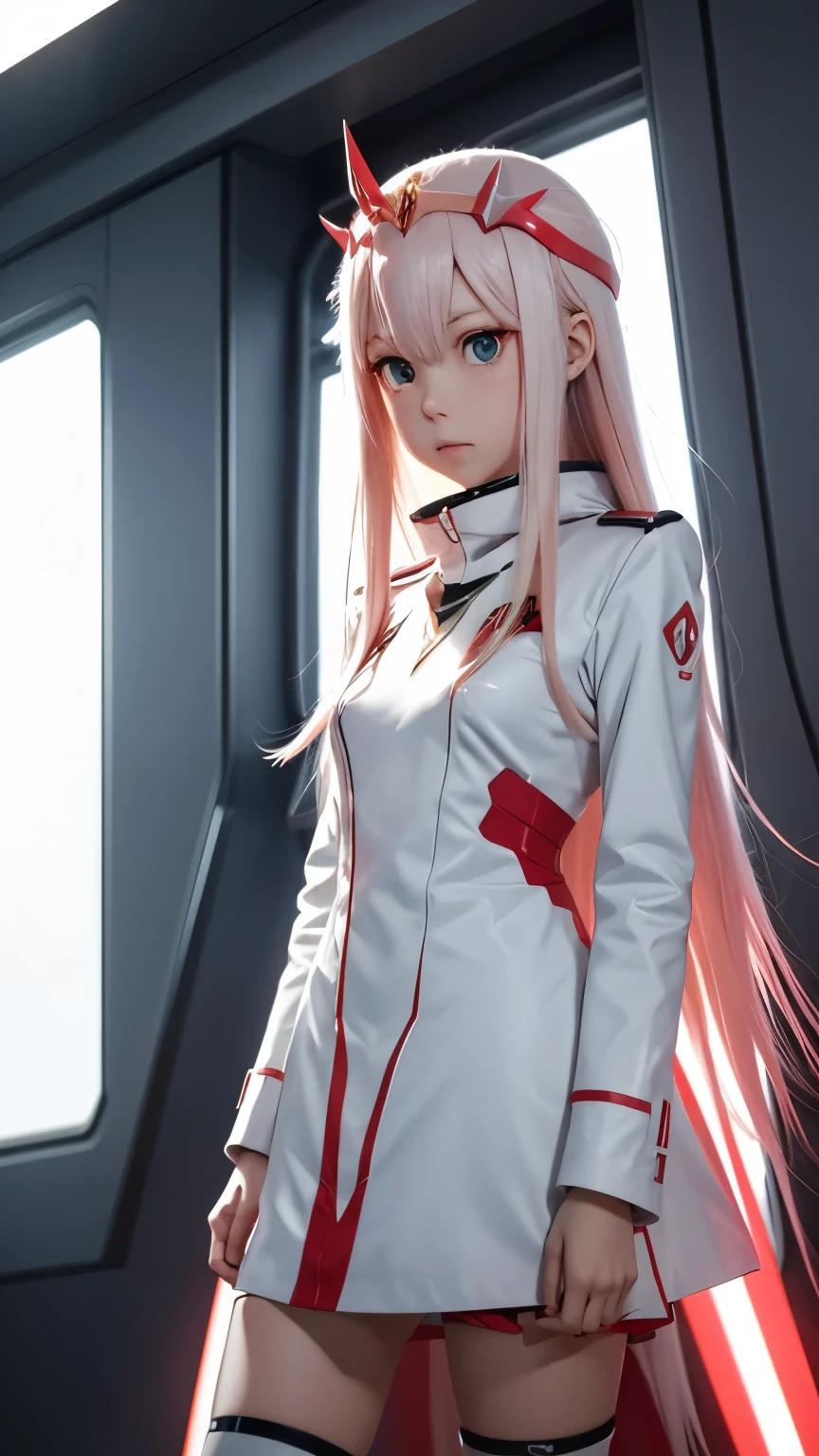 Generates an image of the character Zero Two from the anime Darling in the Franxx looking straight at the camera with a blushing face in a futuristic room.
