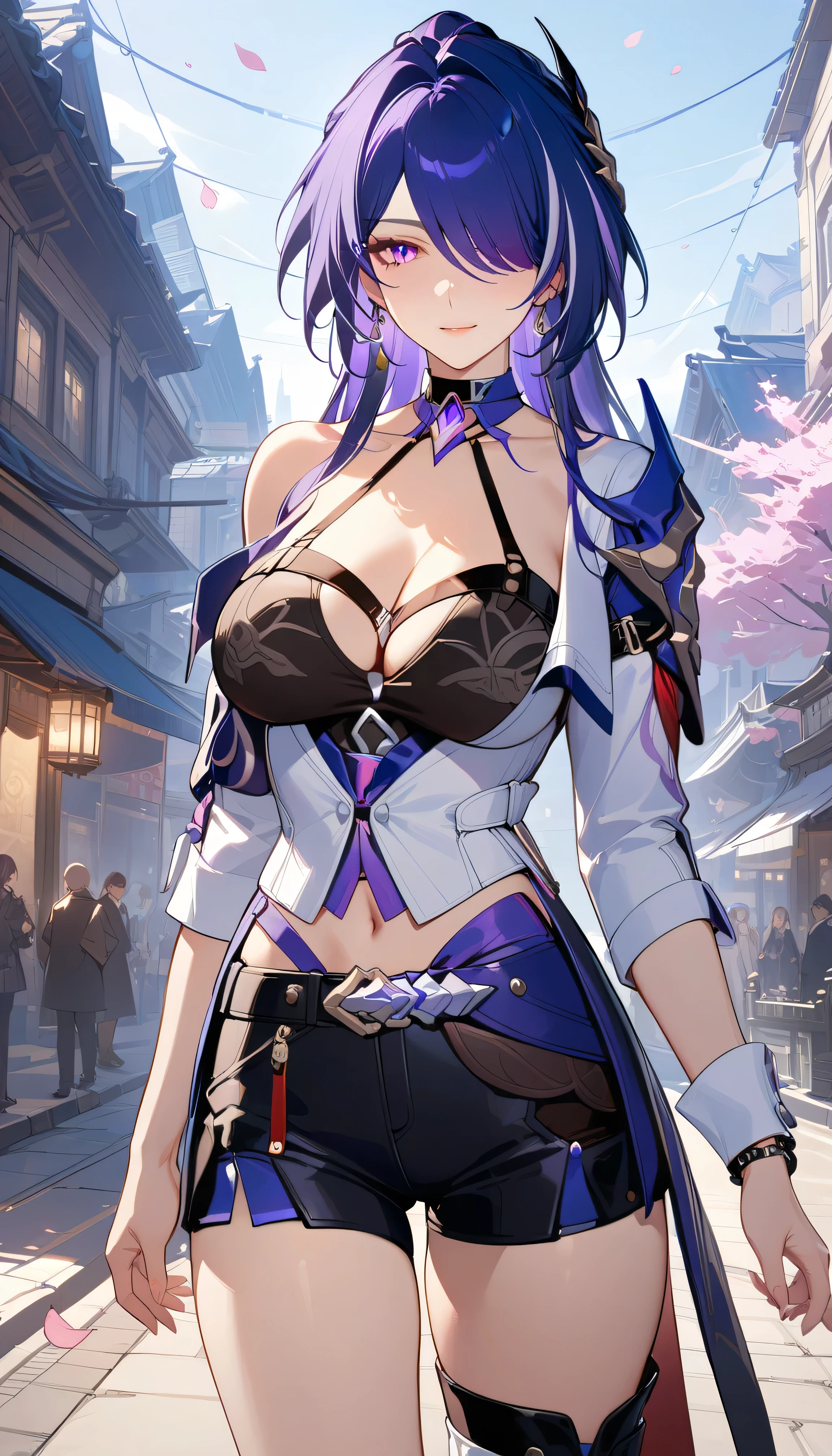 (masterpiece, top quality, best quality, official art, beautiful and aesthetic:1.2),(8k, best quality, masterpiece:1.2), (((masterpiece))),(((best quality))),(((extremely detailed))),illustration,who, (masterpiece, top quality, best quality, official art, beautiful and aesthetic:1.2),(8k, best quality, masterpiece:1.2), masterpiece, best quality, perfect features, intricate details, ray tracing, newest,(hitenkei, askzy:0.4), 1girl, acheron \(honkai: star rail\), solo, , white shirt, sweater, pleated skirt, pantyhose, light smile, looking at viewer, outdoors, street, cherry blossoms, petals, depth of field