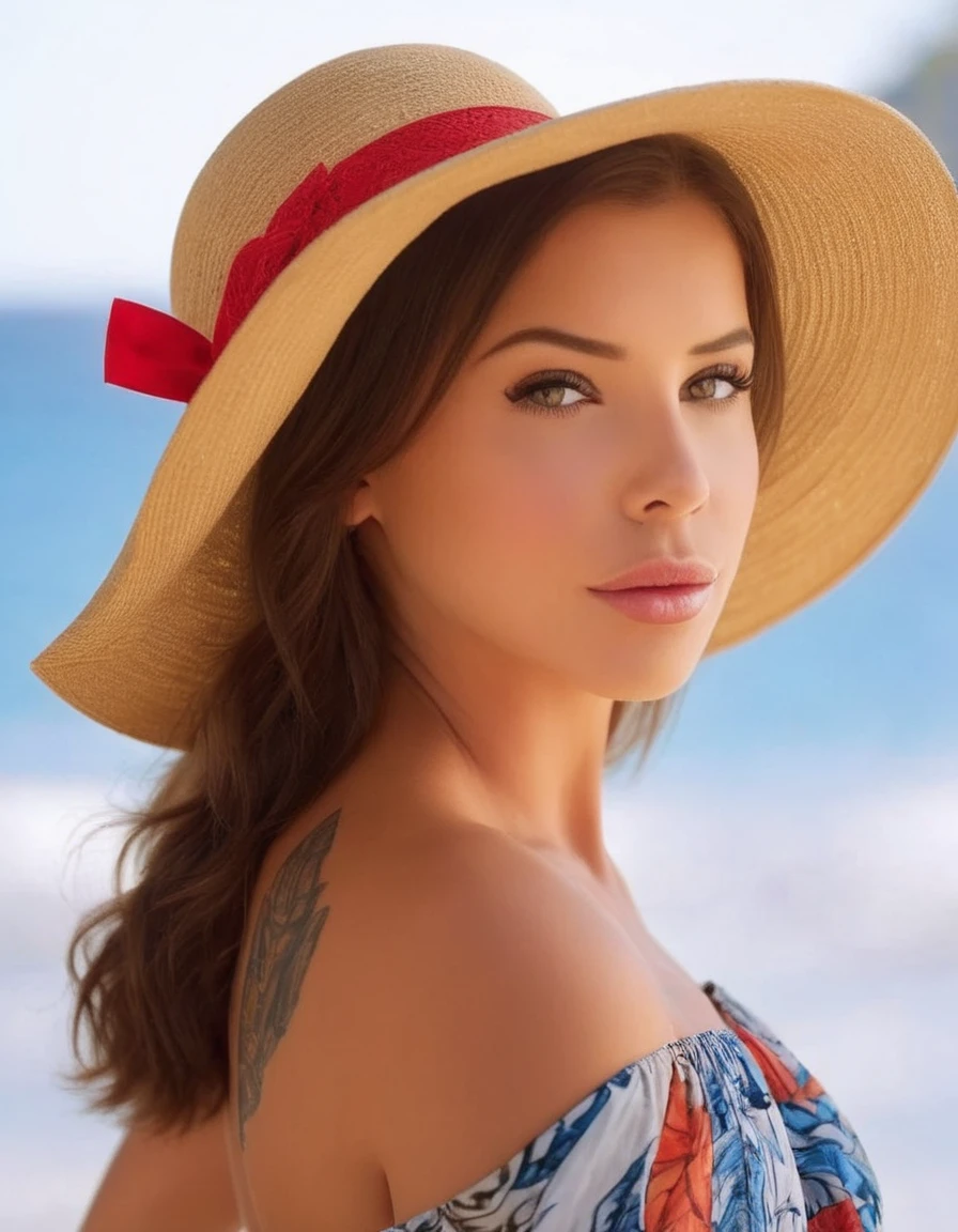 (best quality,4k,highres,masterpiece:1.2),ultra-detailed, realistic:1.37, full body image:1.35 beautiful detailed eyes, beautiful detailed lips, extremely detailed face, long eyelashes, feminine, Laurence bedard, appearance, graceful posture, tousled waves in her hair, bold red lip, serene oceanic blue backdrop, elegant attire, glamorous look, sparkling jewellery, portraits, vivid colors, soft natural lighting, detailed in-focused background,