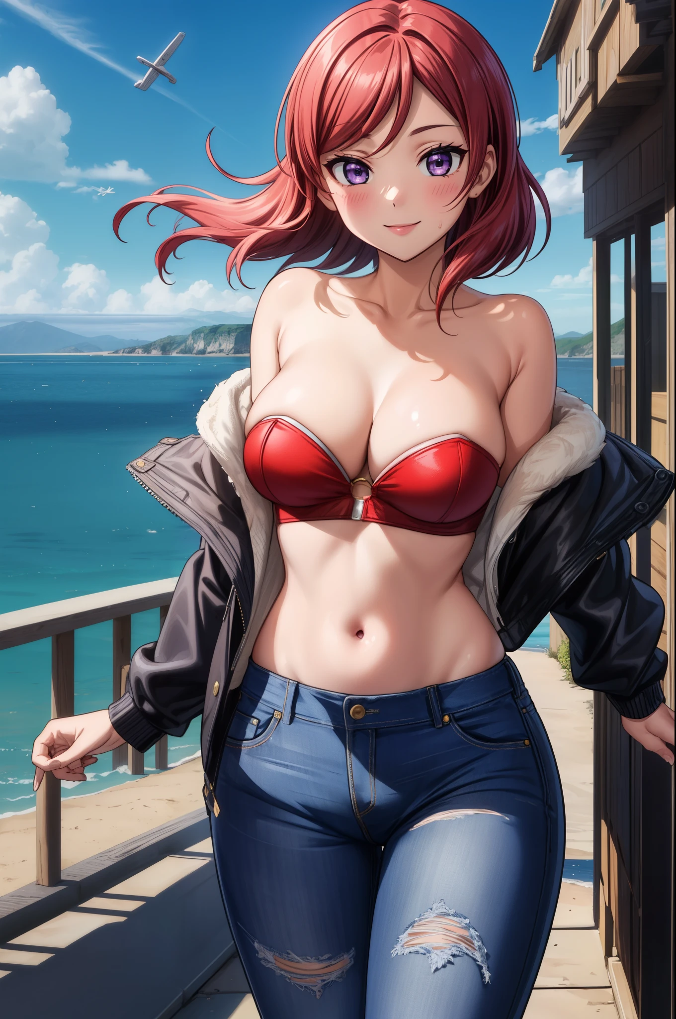 (Masterpiece, Best Quality, High Quality), (cowboy shot), nishikino maki, (sexy:1.4),volumetric lighting, illustration, purple eyes,beautiful,Blushing, breasts, seductive smile,perfect lighting, perfect shadows, red strapless tube top,off shoulder small jacket, navel, sexy jeans pants,watch, (breathtaking scenery:1.1),(her hair flying from the wind:1.3),(detailed hair strands),big breasts 