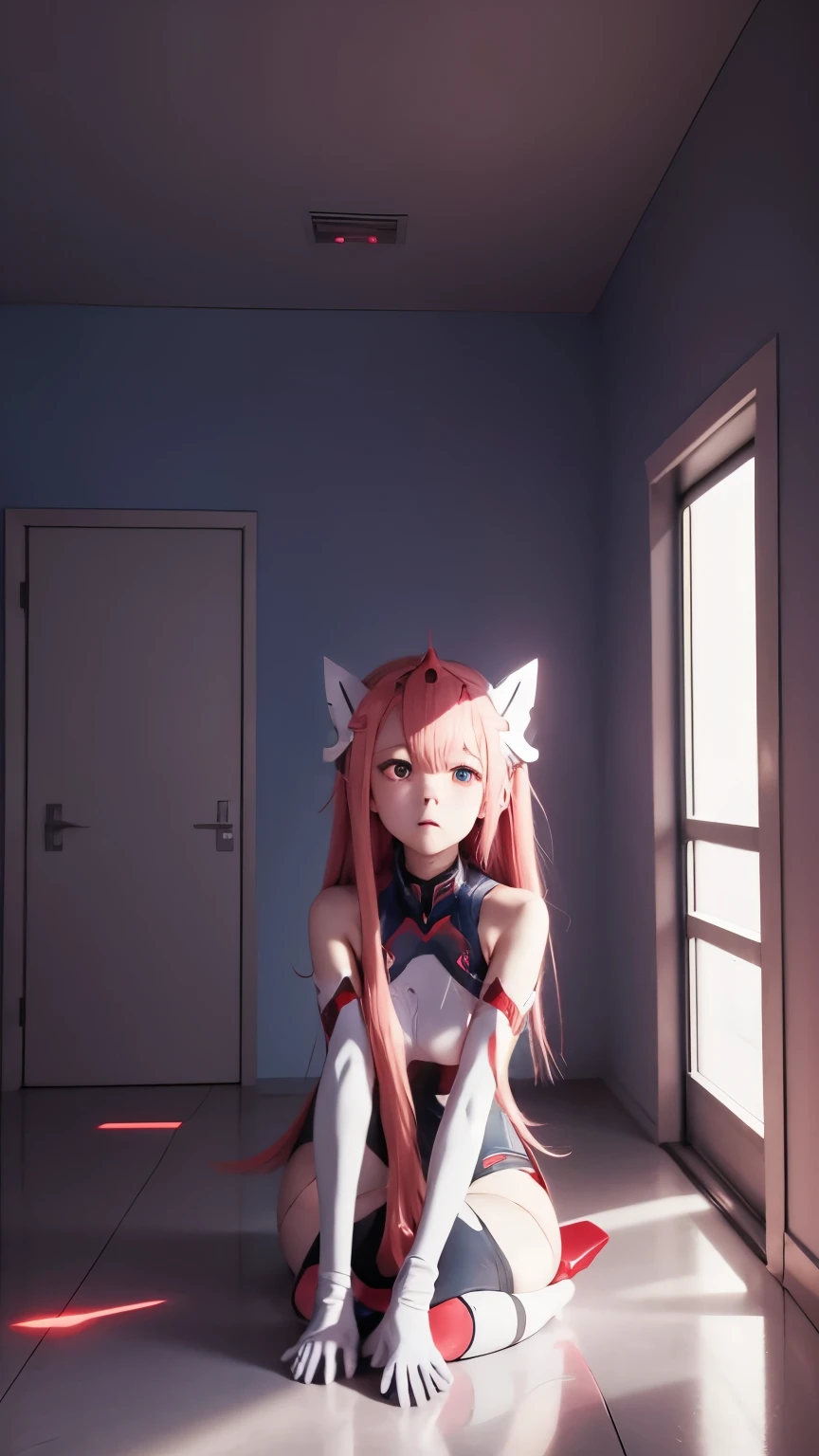 Generates an image of the character Zero Two from the anime Darling in the Franxx looking straight at the camera with a blushing face in a futuristic room.