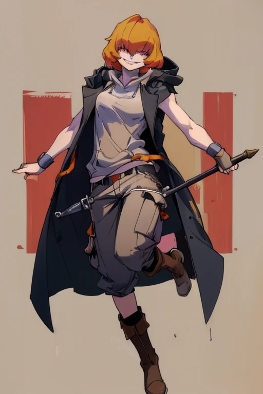 ((highest quality)), ((masterpiece)), (be familiar with),Clementine,Overload,{{nsfw}},Sleeveless hoodie,cargo pants,Bewitching Smile,whole body,boots,Long coat
