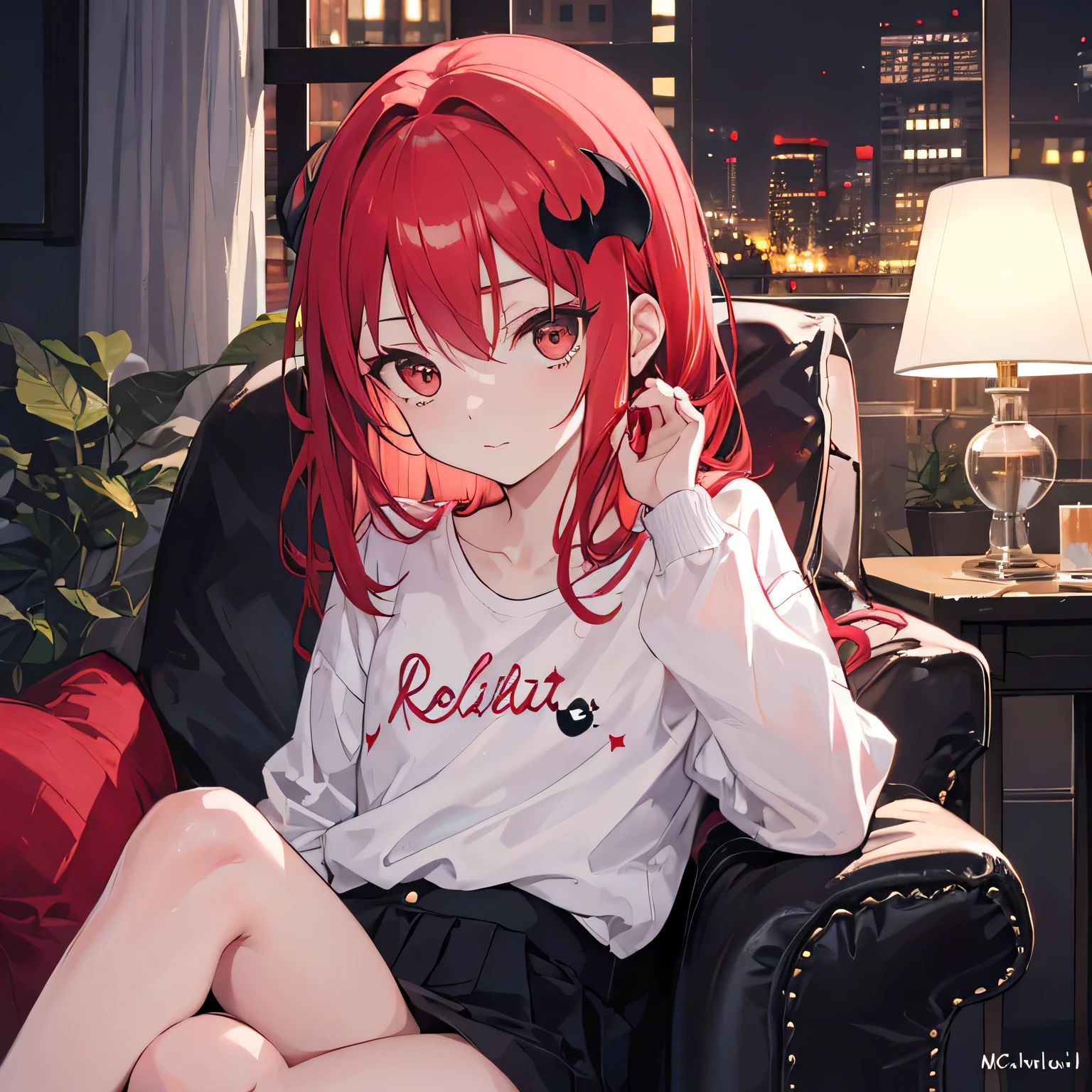 night in a window Satanichia mcdowell in casual clothes while posing briefly while reflecting in her armchair while a small glow that comes from her lamp makes her face shine slightly ((cabello rojo)) (( cabeza en los cuernos))