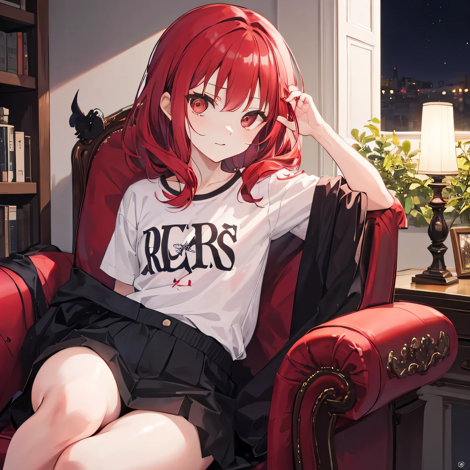 night in a window Satanichia mcdowell in casual clothes while posing briefly while reflecting in her armchair while a small glow that comes from her lamp makes her face shine slightly ((cabello rojo)) ((cuernos))