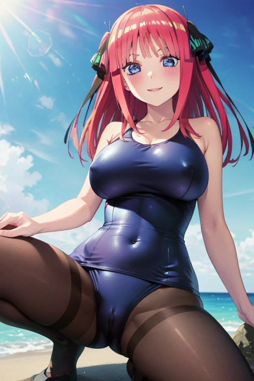 best quality, ultra-detailed masterpiece, anime art style, cute character, nino nakano, large breasts, blush, smile, one-piece swimsuit, pantyhose, pussy focus, open legs