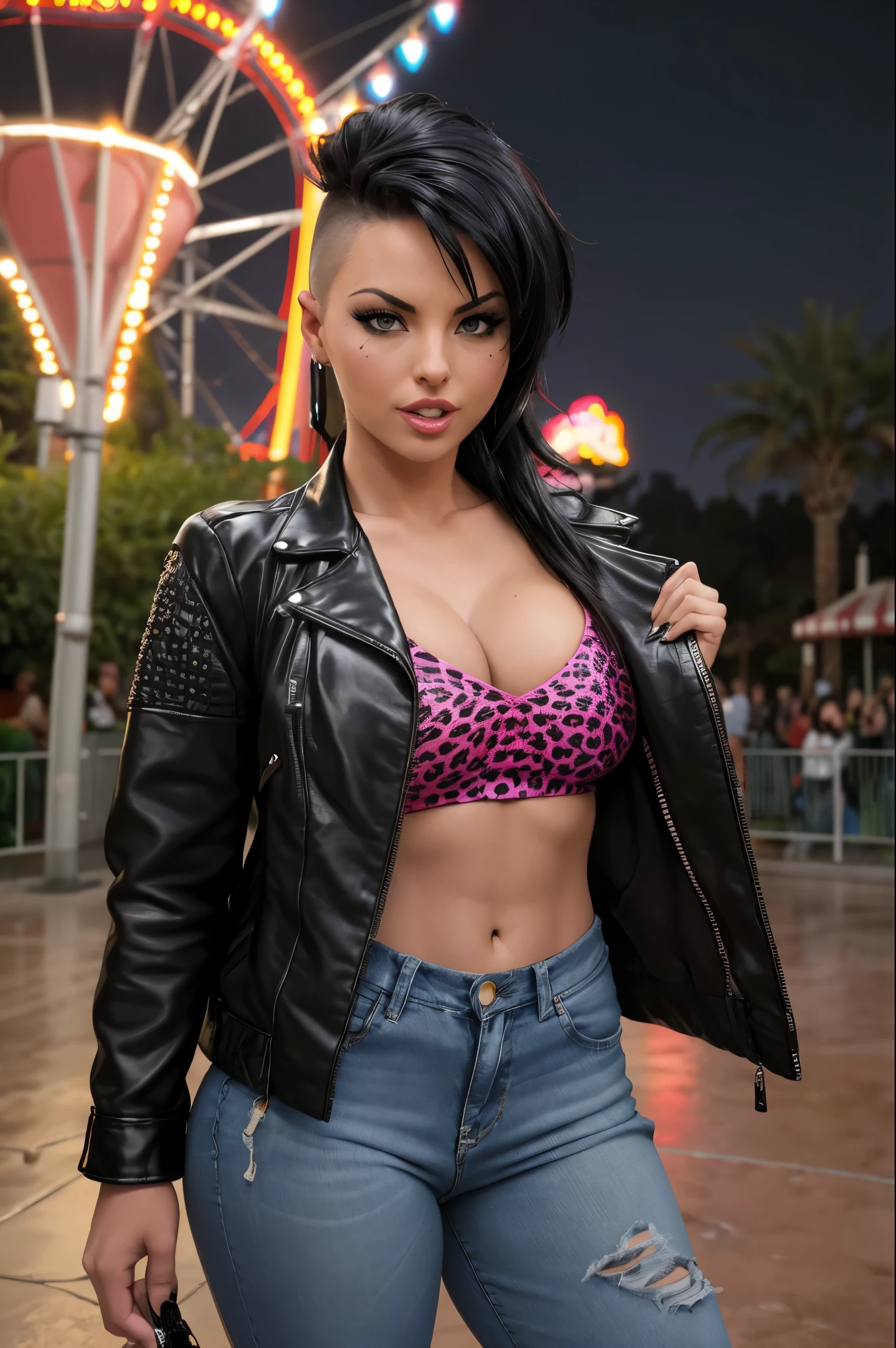 film photo ChristyMackQuiron woman, peinado Mohawk, mohawk hair, black hair, pelo negro, realista, a woman Shot putwearing a leopard shirt and tight jeans having fun in an amusement park, ahort black leather jacket, cleavage, chaqueta de cuero negro corta, vaqueros apretados, flat shoes, de buen tono, 35mm photography, Movie, bokeh, profesional, 4k, muy detallado, Los Angeles, theme park, amusement parl, parque de atracciones, rainy