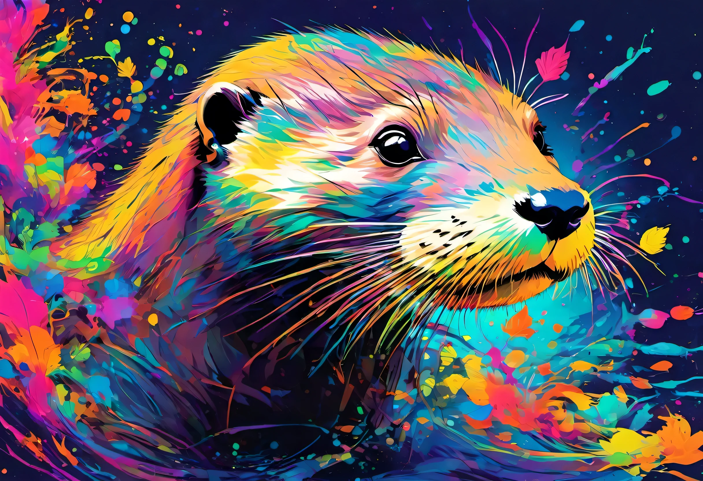 A swimming Otter with colorful paint on its body and leaves, vector art:Zahari Zograf, Trending on Pexels, psychedelic art, Rich in color and detail, A complex and colorful masterpiece, art:Alessandro Pautasso, very complex and colorful, colorful hd images, A colorful and intricate masterpiece, High quality HD digital art, great digital art, very colorful