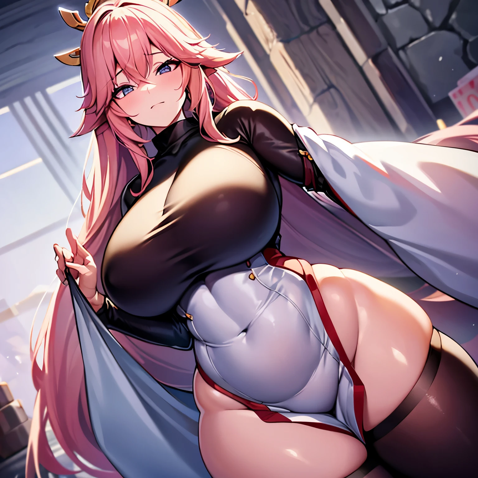 ((extreme detail)),(ultra-detailed), extremely detailed CG unity 8k wallpaper, best quality, Yae_Miko_Genshin_Impact, bodysuit, posing, cowboy shot, lens flare. Girl with thick fat chunky physique. Her height is around 5 feet 2 inches (157 cm), with a huge mommy body. Her skin tone is fair and smooth, giving her an older appearance. In terms of facial features, Hinata has a soft and gentle countenance. She has a slim nose, and her lips are naturally pink and slightly full. Her eyebrows are well-shaped and neatly arched, framing her eyes beautifully. Her are huge and well-shaped. they are massive and u can see a nipple outline Overall, Hinata's appearance is characterized by her serene and kind expression, representing her gentle nature. A sexy girl with huge and a thick body is wearing a body-tight suit where you can see all of her curves and nipple outline white hair. She is thick busty fat and has huge her suit is very very tight and covers her whole body you can see all of her curves and body. Full body suit very tight you can see her full body