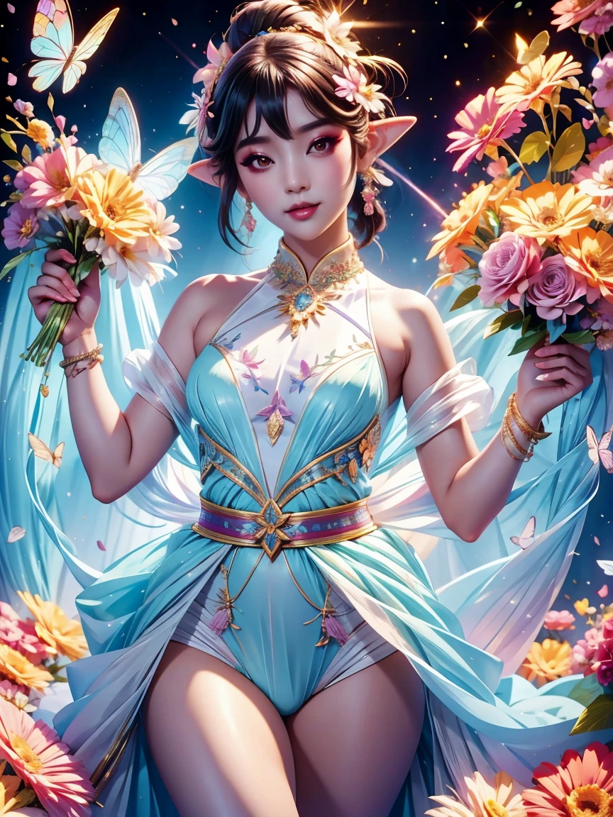 Welcome to the fantasy unknown country,(The Asian female elf guides you,anatomically correct,thicc thighs, Accurate and perfect East_Asian woman face),A kind smile,Transparent beautiful girl,beautiful fairy,Small ears,fly around,kaleidoscopic,Among thousands of purple and red flowers,digital illustration,complex,Uptrend,pastel colors,painting,Award-winning photography,Bokeh,depth of field,hdr,flowers,Color difference,Realism,Very detailed,Art Station Trends,CG social trends,complex,high detail,drama,midway art