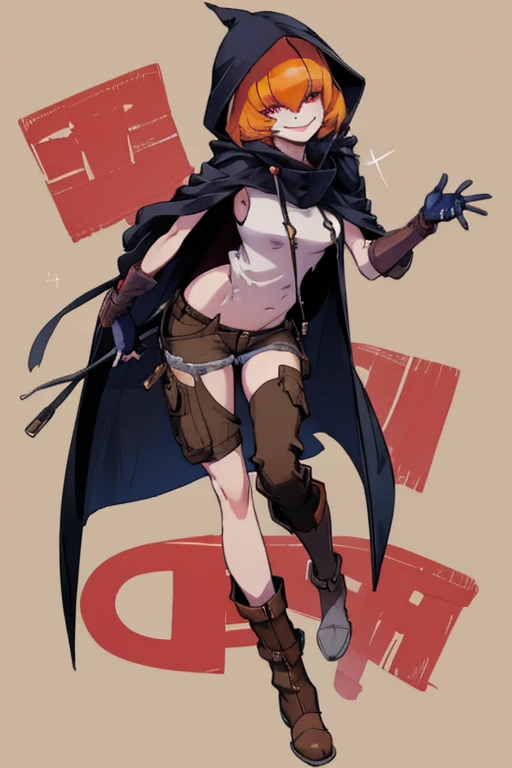 ((highest quality)), ((masterpiece)), (be familiar with),Clementine,Overload,{{nsfw}},Sleeveless hoodie,cargo pants,Bewitching Smile,whole body,boots,Long coat
