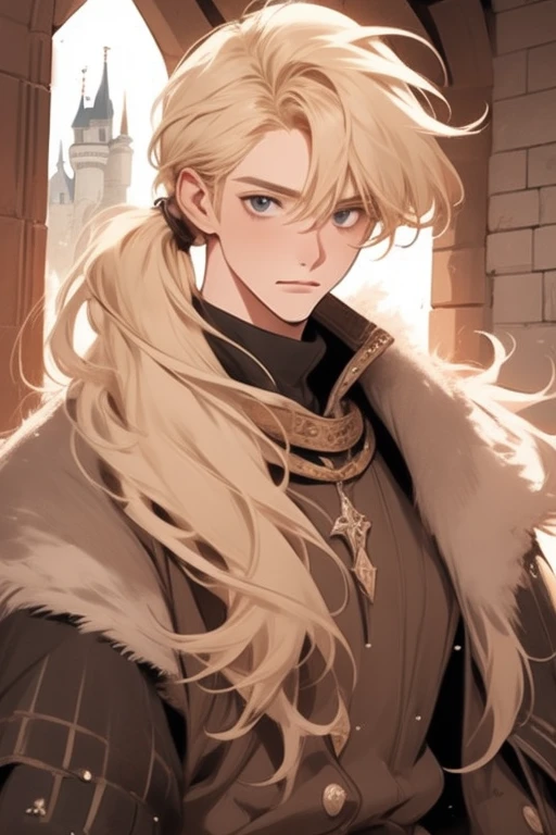 1 male, relaxed, messy blond hair with bangs in a low ponytail, white knight, beautiful, in a castle, medieval fantasy