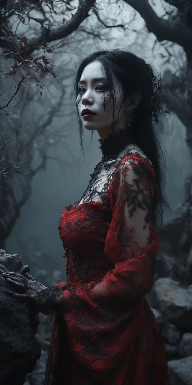 masterpiece, top, very detailed, very realistic, original photo, (orc:1.5),(gothic theme:1.5),(dark horror theme:1.5),(thriller:1.5),(inspiration from Stephen King:1.5),( dark fantasy:1.5), (ink and watercolor painting:1.5 ), (black and white:1.5), (ominous scene:1.5),(A number of bats flying towards the viewer:1.5), (1800s:1.5), ( broken theme:1,5),(lots of flying dust:1,5),(puddle:1,5),(absurd:1,5),(fantastic:1,5),Lepidolite Quartz woman in red dress facing viewer, beautiful face long black hair, full body portrait, ominous view, atmosphere Fluorite chrysocolla, artwork Simon Stalenhag, Nicola Samori, Wangechi Mutu, prime colors, very detailed, masterpiece, intricate detail, fading, very detailed eyes, high detail eyes, highly detailed face 4k resolution, RAW, Nikon Z9, scary city, mysterious beautiful woman full body, intricate detail, Stone Forest in Yunnan Province, China, ultra-detail,dark and eerie atmosphere, ethereal presence, exquisite, facing the camera , fog, supernatural entities, demonic essences, shadowy forms, eerie whispers, sinister auras, mysterious whites, dark and twisted branches, flickering candlelight, eerie elements, enigmatic spectral apparitions, gothic art style, very charming , spectral nature, very melancholic, otherworldly beauty, ethereal light, cold and atmospheric, eerie lighting. mysterious beautiful woman, Impresionismo, starlight colors, Fantastic lighting, Atmospheric ethereal, otherworldly charm, Mystical aura, majestic vines, Glowing leaves, with a serene expression, Intricate details, Beautiful features, tucked flowers in his ears, Sky light, harmonious colorful energy, Real atmosphere, bright tones, charming creations, full body, 32K ultraHD resolution, HDR, 800mm lens, realistic, hyperrealistic, photography, professional photography, immersive photography, ultra HD, ultra high quality, best quality, HDR photo, focus photo, original photo, ultra sharp, nature photo, masterpiece, award winning, taken with Hasselblad x2d.