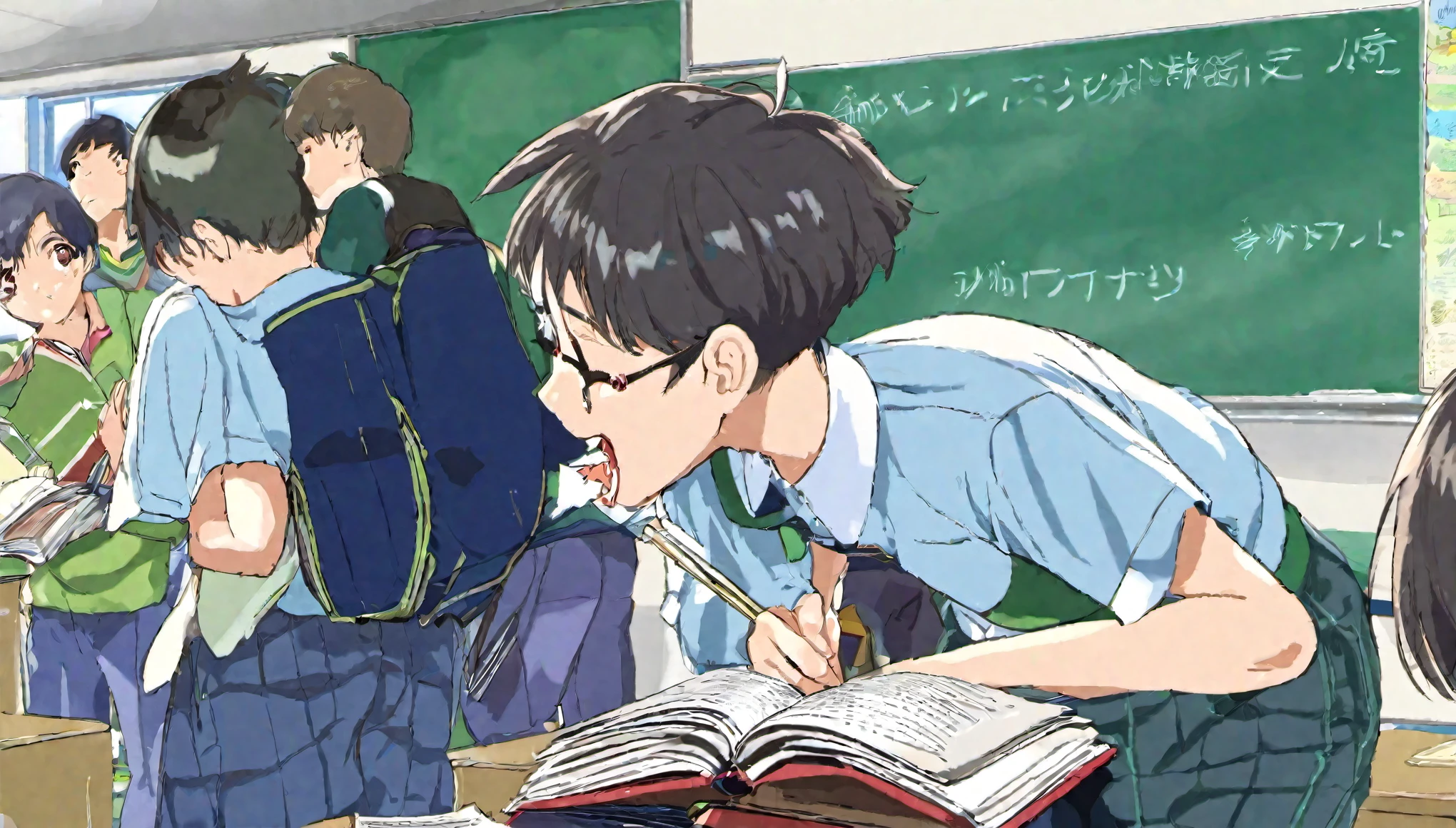 A high school boy biting into a textbook、classroom、high quality、Are standing