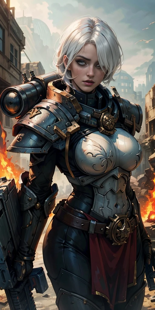 (masterpiece:1.2), (best quality:1.2), perfect eyes, perfect face, perfect lighting, 1girl, mature whsororitas with a laser rifle in her hands, scar over one eye, eyepatch, red tabard, white hair, warhammer 40k, chaos, fire, scifi, detailed ruined city background, power armor