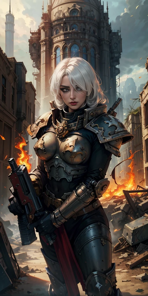 (masterpiece:1.2), (best quality:1.2), perfect eyes, perfect face, perfect lighting, 1girl, mature whsororitas with a laser rifle in her hands, scar over one eye, eyepatch, red tabard, white hair, warhammer 40k, chaos, fire, scifi, detailed ruined city background, power armor