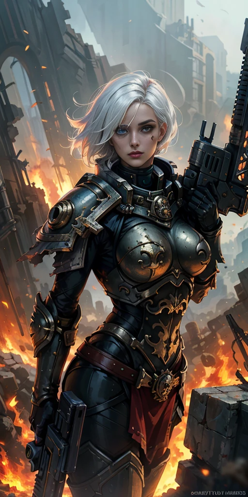 (masterpiece:1.2), (best quality:1.2), perfect eyes, perfect face, perfect lighting, 1girl, mature whsororitas with a laser rifle in her hands, scar over one eye, eyepatch, red tabard, white hair, warhammer 40k, chaos, fire, scifi, detailed ruined city background, power armor