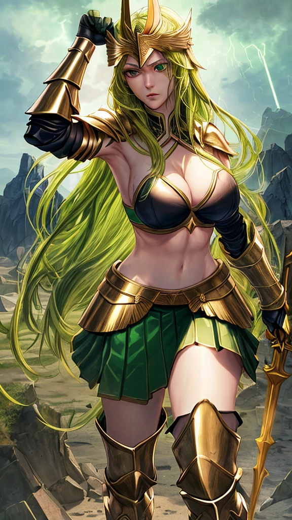 Green long hair, golden forehead protector, Valkyrie, black bikini, armor, breasts, cleavage, skirt, iron boots, whole body, thunder spear