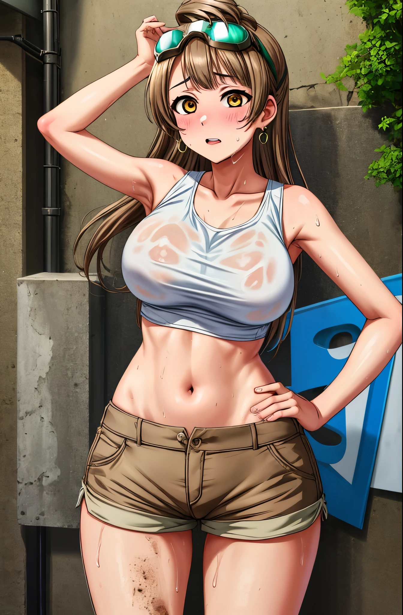 Masterpiece, best quality,solo, (cowboy shot), minami kotori, big breasts, wide hips,hand on hip, white tank top, brown short shorts,goggles on head, ,earrings, fortune , slightly exposed midriff ,sweaty ,sweaty oily skin, clothes soaked in sweat and dirt and oil