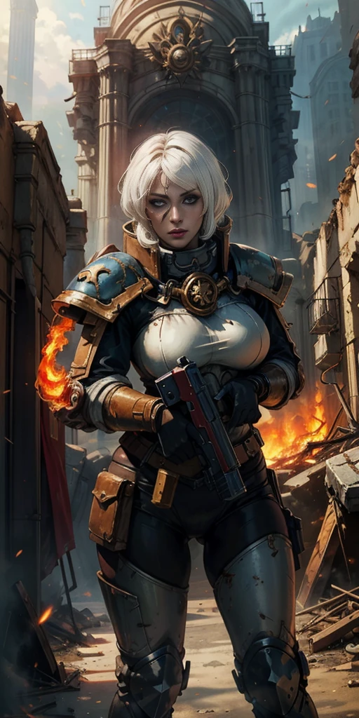 (masterpiece:1.2), (best quality:1.2), perfect eyes, perfect face, perfect lighting, 1girl, mature whsororitas with a laser rifle in her hands, scar over one eye, eyepatch, red tabard, white hair, warhammer 40k, chaos, fire, scifi, detailed ruined city background, power armor
