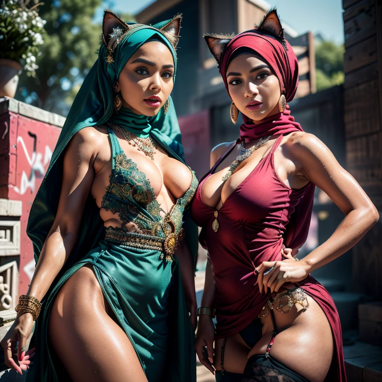 Malaysian girl ,malay, The whole body consists of a young girl with hijab, Eye makeup, 55 year old model, Cat ears, Soft lighting, Solo, Wear shabby clothes, Dirty, Tattered futuristic military uniform, Cat's paw badge, Pose, spot color, rendering by octane, Ultra-realistic intricate details, Cinematic, 8K resolution, 70mm, emphasis lightings, (((2 girls:1.5, girls standing))) Setting background: Basquiat graffiti wall background,Graffiti artist, urban walls, spray paint cans, bold colors, rebellious strokes, street gallery, artistic , night shadows, public expression, aerosol mastery, layered stencils, cultural messages, graffiti tags, creative risks, vibrant visuals, underground recognition, impactful designs, urban transformation. Art by Mschiffer, (((Woman with hijab style, hijab with sexy dress)), (lace stockings), (((Wearing: diamond necklace and earrings))). RAW photo, full sharp, detailed face (high detailed skin:1.2), 8k uhd, dslr, soft lighting, high quality, film grain, Fujifilm XT3, (extremely beautiful face, sexy lips, beautiful red lips, Clear eyes, beautiful eyes), (big green eyes), pretty girl, face forward, intricate detail face, ((ultra detailed skin)) (skin texture, film grain), Detailed beautiful face, natural tpose, natural facial expression, (((Straight breasts))), Surreal full-body figure, Beautiful and delicate body and face, gorgeous figure, ssmile, Titillating,Surreal full-body figure,Beautiful and detailed body and face, Super vista, White skin of the, vivd colour,🔥8k, masterpiece, RAW photo, best quality, (18k detail:1.2), photorealistic, extremely, deep shadow, earrings, bracelets, necklace,