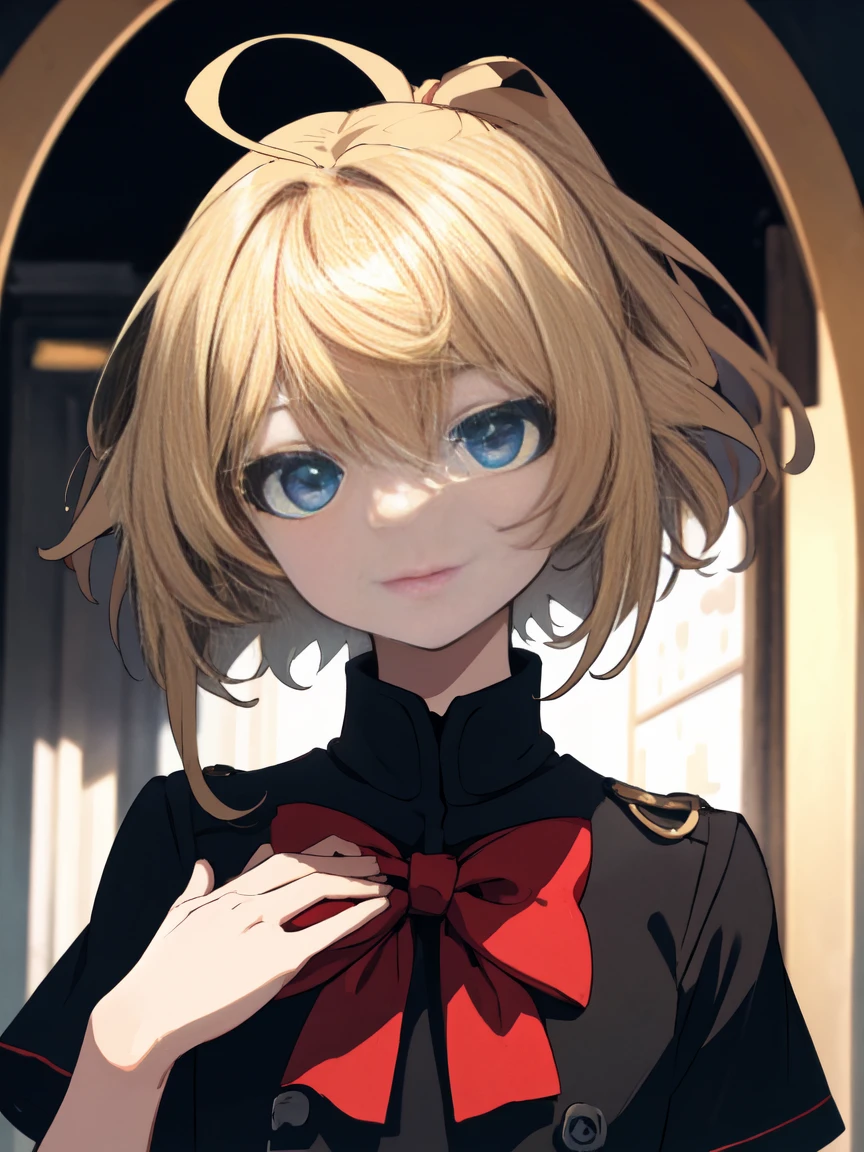 ((highest quality、masterpiece、Shining eyes、be familiar with))、(very delicate and beautiful: 1.2), 1 girl, robber girl, bangs, cute eyes, bow, brown hair, closed mouth, Landscape, hair between eyes, hair bow, short sleeve, looking at the viewer, medium hair, alone, Upper body, school uniform: 1.3, ((alone)), (masterpiece), blonde、beautiful anime