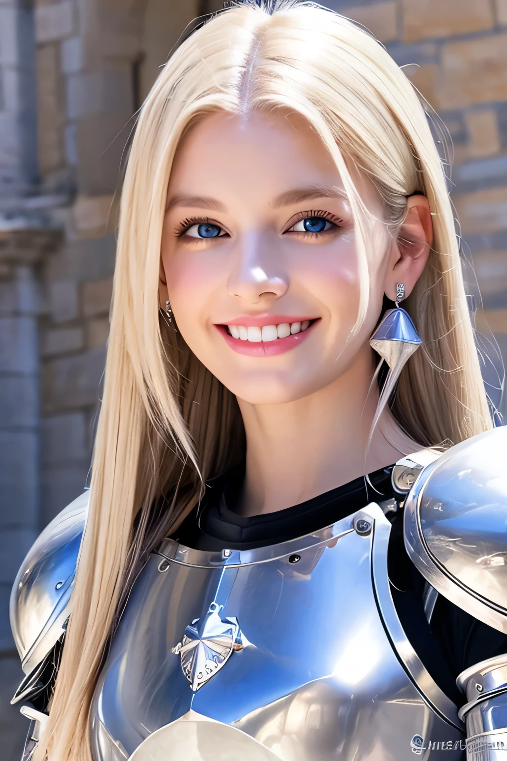 ８Ｋ、highest quality、female knight、Luxurious Silver Armor、、hairstyle short cut、smile、beautiful teeth、full body photo、ear piercing、blonde、white woman、blue eyes、heavy makeup、The background is inside the castle

