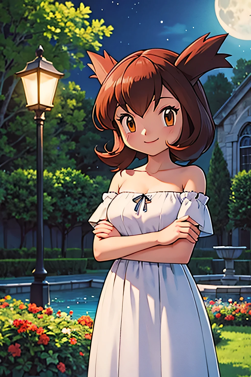 masterpiece, best quality, ultra-detailed, illustration, beautiful detailed eyes, very detailed illustration, cinematic lighting, 1 girl, solo, Pokemon Heroes (Bianca), Brown Hair, brown eyes, bare shoulders, strapless, off shoulders, white ruffle off the shoulder top, white maxi dress, crossed arms, intricate details, sharp focus, high resolution, the background of beautiful garden with a forest of flowers, on a beautiful night, full moon, smile, standing near a water pool, anime style, ultra-detailed, hdr, far at the bottom, in the center, Close up