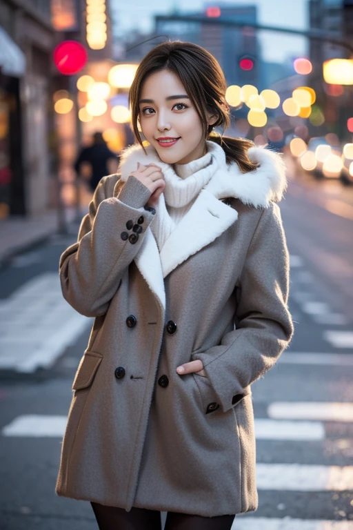 highest quality, 4K, 8k, Detailed face, Clear Face, Cute Girls, Korean Makeup, Red lips, smile, Perfect body,Straight short hair to the shoulders,Small breasts,thigh,slim,thin, The girl is wearing a long, wide coat, Under the jacket was a top tube and pantyhose., Lower abdomen, Snow Scene, winter, street,