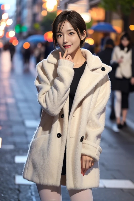 highest quality, 4K, 8k, Detailed face, Clear Face, Cute Girls, Korean Makeup, Red lips, smile, Perfect body,Straight short hair to the shoulders,Small breasts,thigh,slim,thin, The girl is wearing a long, wide coat, Under the jacket was a top tube and pantyhose., Lower abdomen, Snow Scene, winter, street,