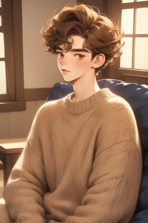 masterpiece, best quality, realistic, 1man, mature male, quiet and charming young man, , adorable, closed mouth, portrait, extremely detailed face, soft smile, ((dark amber eyes)), ((short-sides-swept curly light brown hair)), [thick eyebrows], living-room, blue shit, sitting