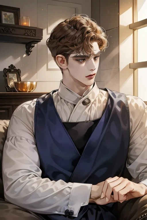 masterpiece, best quality, realistic, 1man, mature male, quiet and charming young man, 16 years old, adorable, closed mouth, portrait, extremely detailed face, soft smile, ((dark amber eyes)), ((short-sides-swept curly light brown hair)), [thick eyebrows], living-room, blue shit, sitting