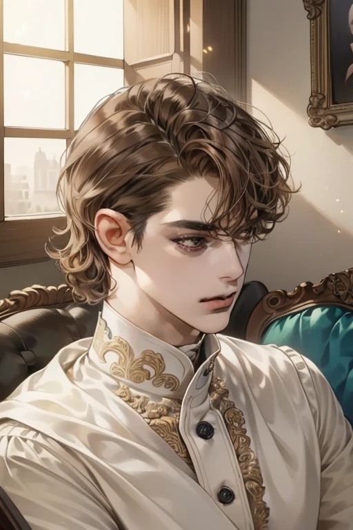 masterpiece, best quality, realistic, 1man, mature male, quiet and charming young man, , adorable, closed mouth, portrait, extremely detailed face, soft smile, ((dark amber eyes)), ((short-sides-swept curly light brown hair)), [thick eyebrows], living-room, blue shit, sitting